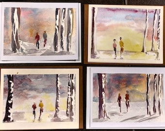 Winter Running Duo (greeting card) birch trees sunset/sunrise original Watercolor paintings, ultra running trail runners, running friends