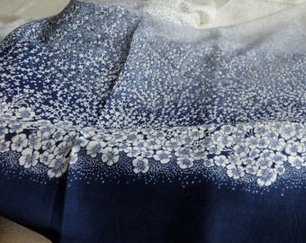 Vintage White/Blue Fabric, skirt floral textile, 3.2 yd (3 m) exclusive Soviet fabric, retro Russian dress fabric, light thin summet cloth
