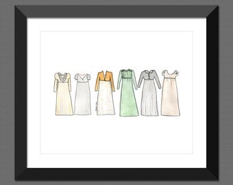 Print - Pride and Prejudice Dresses, 8x10, Watercolor Wall Art, Jane, Elizabeth, Mary, Kitty, Lydia Bennet,