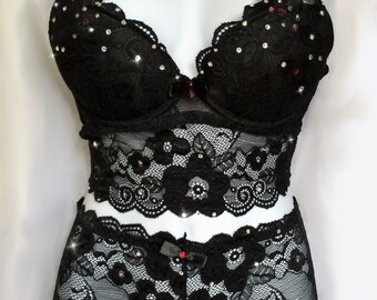 Black Lace Swarovski Crystal Bra and Panties Set Lace Boyshorts 34B