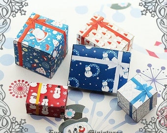 5 Miniature Christmas Gift Box Set – 1:12 Santa Claus Snowman Snowflake Dollhouse Miniature Present Christmas Gift Box Printable DOWNLOAD