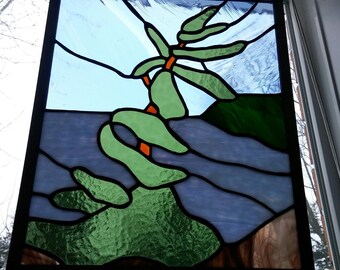 Stained glass window hanging.Glass art panel.Blue suncatcher.Kitchi gift.Shabby chic home decor.Hanging wall art.Windswept pine tree.