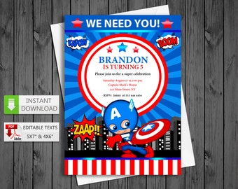 Printable invitation Captain America in PDF with Editable Texts, Super heroes party Invitation, edit and print yourself! Instant Download!