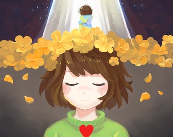 Fallen Back | undertale, undertale art, chara, asriel, frisk, video game print, anime print, gamer gift, small art print, small anime print