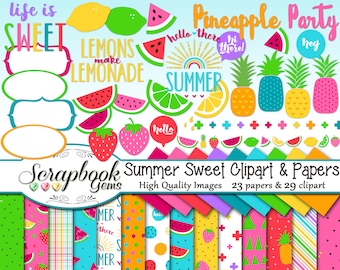 SUMMER SWEET Clipart & Papers Kit, 29 png Clip arts, 23 jpeg Papers Instant Download spring watermelon strawberry lemon lime fruit pineapple