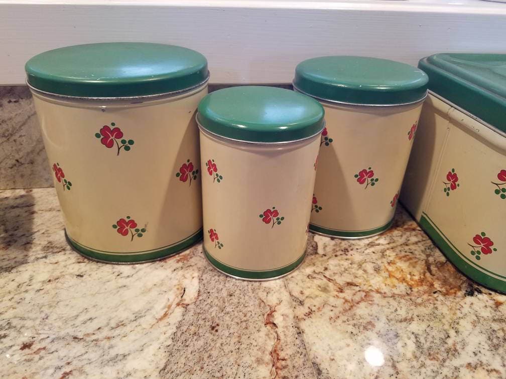 vintage tin canister set sugar flour salt coffee green