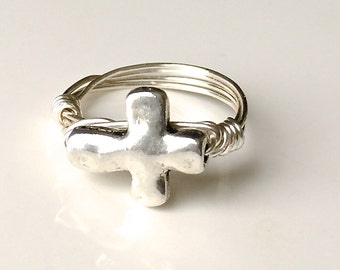 Cross ring/Silver ring/wire wrap/Ring/hammered silver/Handmade/Stackable ring/Religious Ring