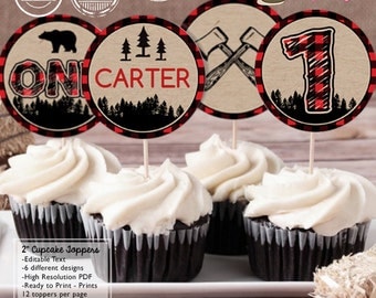 INSTANT DOWNLOAD - EDITABLE Lumberjack Birthday Cupcake Toppers - Lumberjack Party decorations
