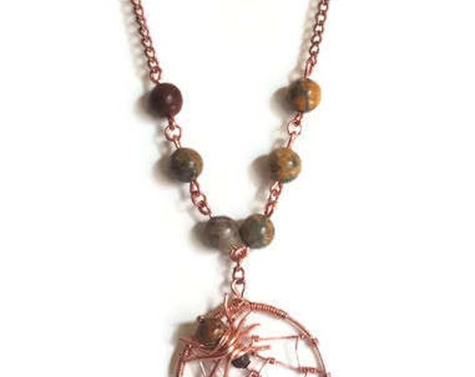 Copper and Gemstone Spiderweb Pendant, Leopardskin Jasper Gemstones, Gemstone Necklace, Unique Birthday Gift, Gift for Her, Copper Necklace