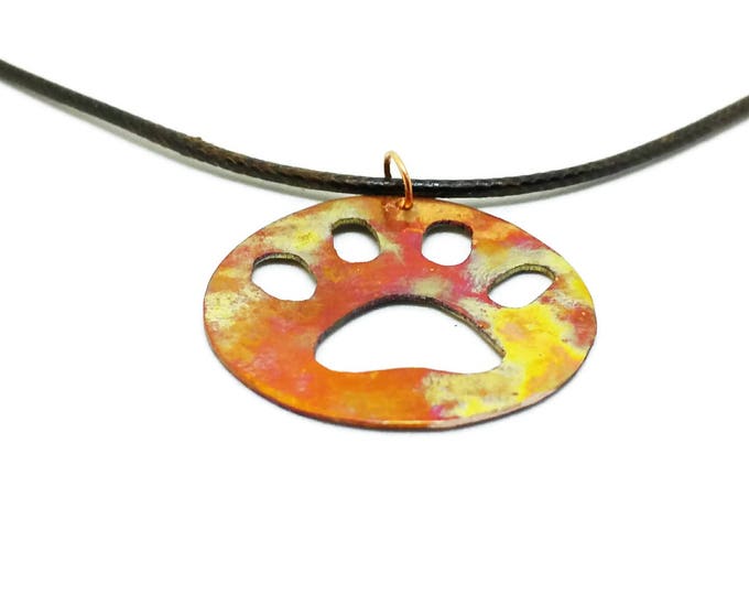 Copper Paw Print Pendant, Flame Painted Copper Dog Print Necklace, Dog Lover Necklace, Unique Birthday Gift