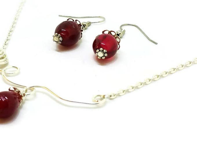 Silver Rose Necklace and Earring Set, Red Lamp-work Glass Bead Necklace Set, Wire Rose Pendant, Unique Birthday Gift