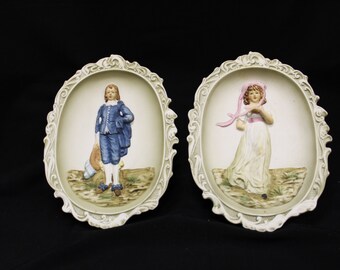 Vintage Set of 2 Lefton Blue Boy & Pinkie Bisque Porcelain Hand Painted 3 Dimensional Victorian Style Plaques, Made by Lefton's of Japan