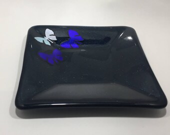 Sparkling blue fused glass dish with dichroic butterflies, decorative tray, candle plate, home decor,