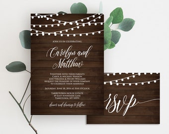 Wedding Invitation Template, Printable Rustic Wood String Lights Invite Set, RSVP, Details, DIY, Instant Download, Editable PDF File #014B