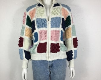 Vtg 70s 80s patchwork colorblock woven knit sweater jacket avant garde small