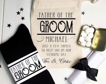 Vintage Style Father of the Groom Wedding Essentials Gift Set Socks, Mints, Handkerchief and Personalised Gift Bag