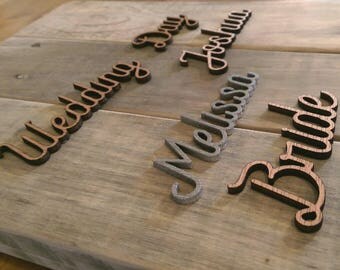 Curls design personalised laser cut names for table dressings. Weddings, events, parties and birthdays. Craft accessories un/painted
