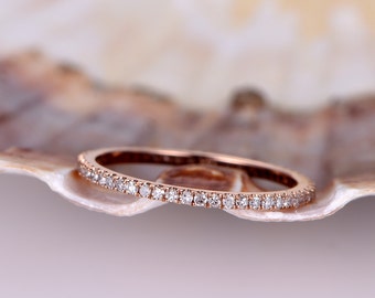 Diamond wedding band,Petite French micro pave band,solid 14k rose gold,FULL eternity ring,engagement ring,stack matching band,thin band