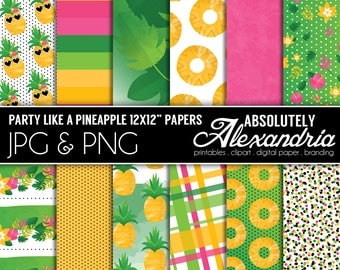 Party Like a Pineapple Digital Papers - Personal & Commercial Use - Summer Paper, Floral Fruit Graphics, Patterns, Party Scrapbook Page Kit
