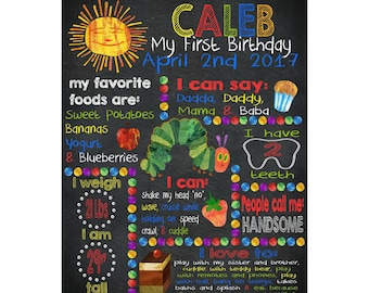 The Very Hungry Caterpillar, first birthday, chalkboard, digital image, birthday board, invitation chalk, JPEG