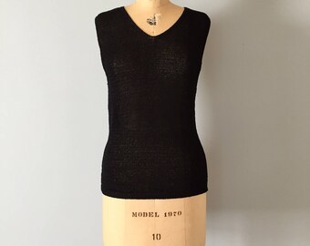 black knitted semi sheer top | 90s knitted stretch top