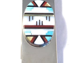 Vintage Zuni Multi Stone and Sterling Silver Inlay Money Clip Signed