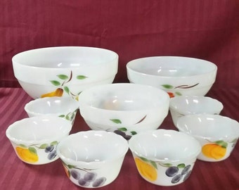 Fire-King bowls. Total of 9 pieces. Mixing and dessert. "Gay Fad" pattern. Fruits