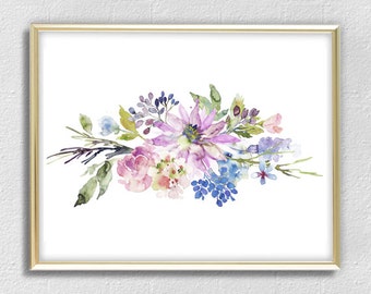 Boho watercolor flowers print floral printable botanical print wall art print watercolour poster 7x5 10x8 digital download print pink purple