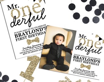 1st Birthday Invitations, Mr Onederful Invitation, Mr Onederful Birthday Theme, Mr Onederful Black and Gold, Printable Birthday Invitation