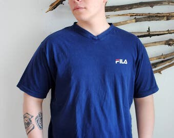 FILA vintage blue tee 1990s 1980s t-shirt V collar