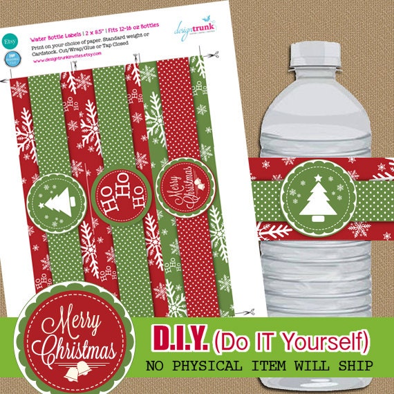 Christmas Water Bottle Printable Labels Holiday by DesignTrunkInc