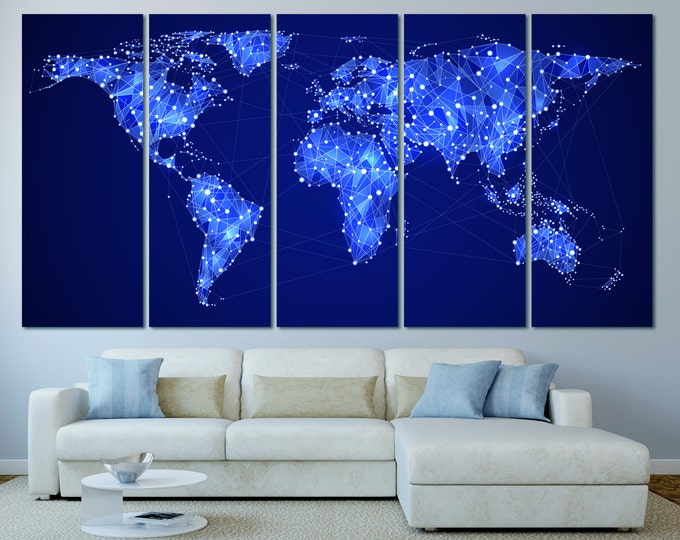 Night World Map Print, Large Geometric Wall Art Panels Set \ 1,3,4 or 5 Panels on Canvas Wall Art for Home or Office Decoration & Interior