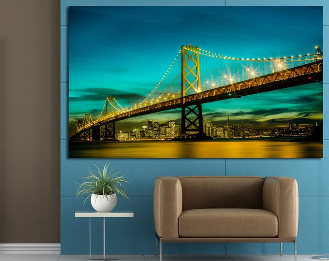 Extra Large Golden Gate bridge night lights canvas wall art, Golden Gate art canvas print, San francisco art, california wall art