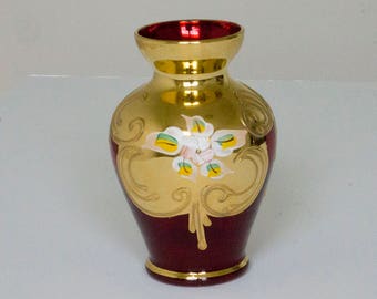 Vintage Fenton ruby glass hand painted vase
