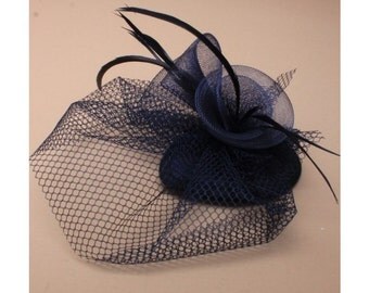 Navy Blue teardrop cap with Navy Blue veil, coiled flowers & feathers. Wedding Hat, Navy Blue Fascinator, Church Hat, Navy Blue Hatinator