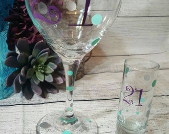21st Birthday Wine Glass Set-- Wine Glass and Shot Glass Set-- Glass Set-- Customizable- Birthday Gift- Birthday Wine Glass-- 30- 40- 50