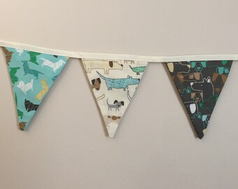 Bunting, fabric bunting, cottage chic, garland, reversible, shabby chic, country kitchen, pennant, decorative flag, dog image, animal loving