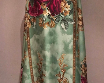 Silk satin blend fabric by the yard, Green Royalty print satin, Floral print silk satin, digital print satin silk, dress fabric, Prom dress