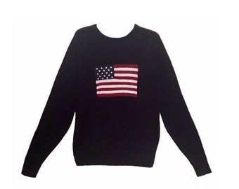 POLO, Ralph Lauren Navy Blue American Flag Colectible Knit Sweater-Size L