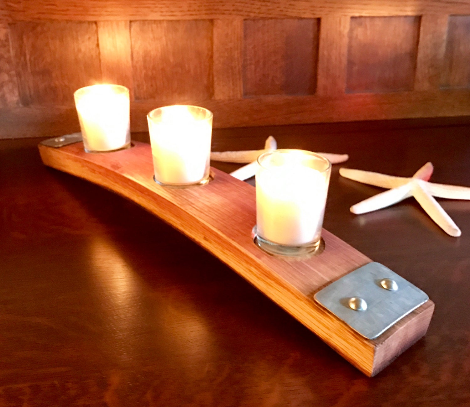 Wine barrel short stave candle holder with 2 hoop accents