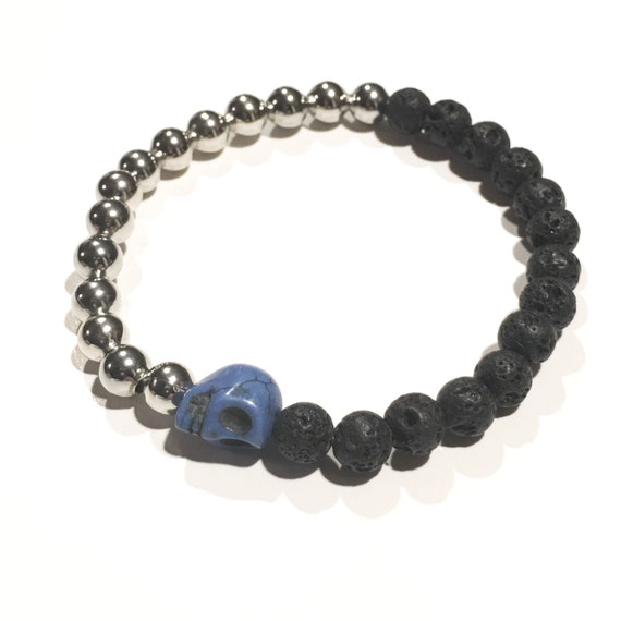 Blue skull | Platinum beads | Black lava beads | Stretchy bracelet | Bracelets | Halloween | Fall | Autumn | Dark | Glam | Half & Half | SKU