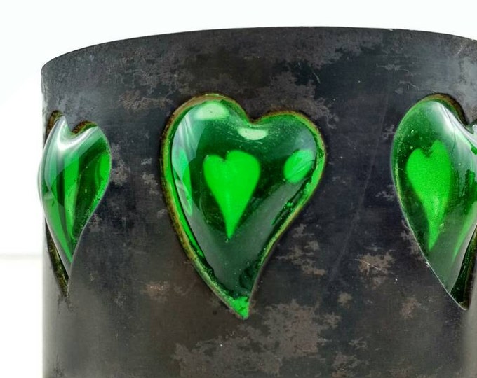 Rustic hearts candle holder, glass and metal tealight holder, green glass lantern, industrial style pen holder, office desk tidy