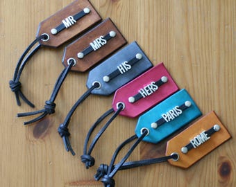 Leather Luggage Tags ~ Metal Font ~ Personalized ~ Initials or Name ~ 6 Tags ~ 3rd anniversary gift