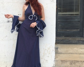 Vintage 60s 70s dress Miss Elliette. Dotted, Pin Up, Navy Blue