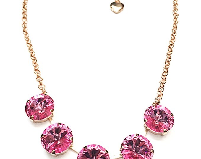 This Valentines, feel like a princess in this stunning rose gold five stone rose pink Swarovski crystal rivoli large 14mm stone necklace.