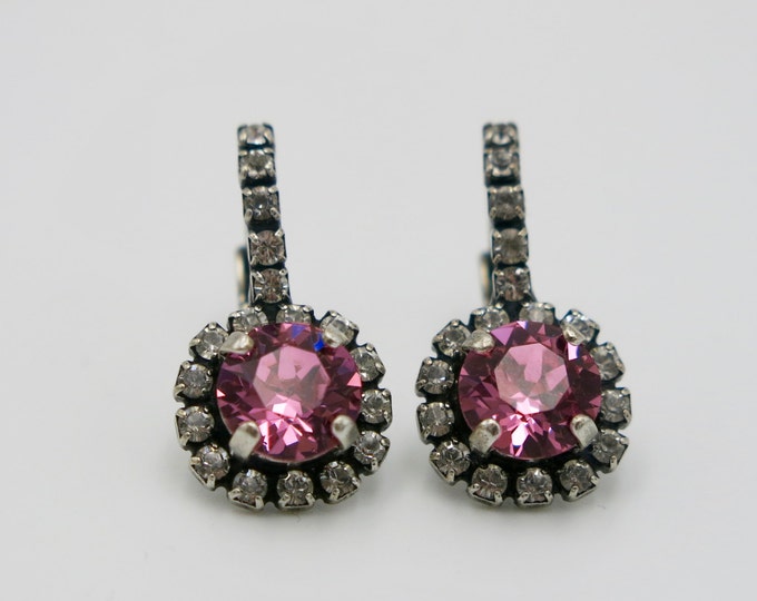 Classic bridesmaids earring, Swarovski crystal small pink dangle lever back earrings with a halo of pave, nickel free jewelry.
