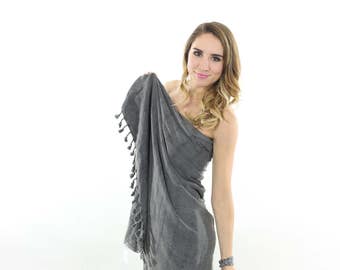 Black Large Turkish Towel, Stonewashed Towel for the Bath, Beach & Gym, Oversized Thin Peshtemal Towel, Luxury Hammam Cotton Bath Sheet