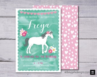 Horse Birthday Party Invitation, Pony Party Printable, Personalised Horse Party, Cowgirl Invitation, Green and Pink, Floral Pony Invitation