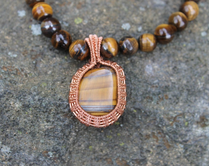 Tiger's Eye Necklace with Copper Wire Wrap, Gold and Brown Natural Stone Wire Weave Pendant, Jewelry Gift For Him or Her, Mens or Ladies