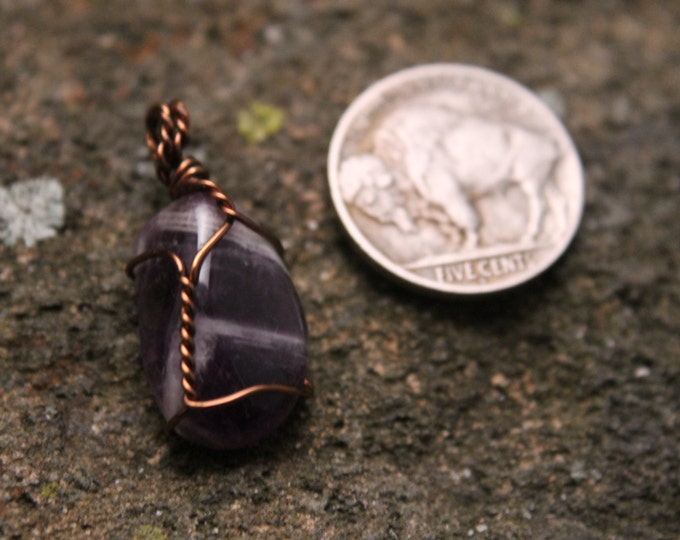 Tumbled Amethyst Pendant Wire Wrapped with Twisted Copper Wire